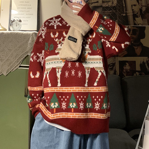 圣诞麋鹿毛衣男士宽松慵懒风保暖羊绒衫冬季圆领针织衫百搭打底衫