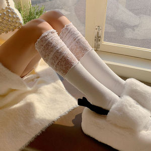 蕾丝拼接袜子女秋季小腿袜高筒ins芭蕾风靴袜蕾丝木耳花边堆堆袜