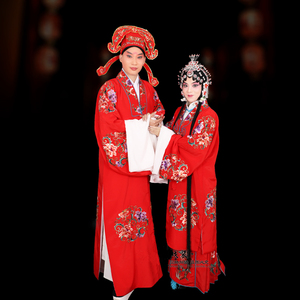 新款京剧戏曲戏剧古装影视结婚新郎新娘装拜堂服装男女红团花对披