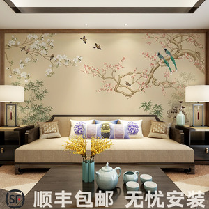 现代新中式工笔花鸟墙纸定制电视背景壁纸卧室无纺布壁布无缝墙布