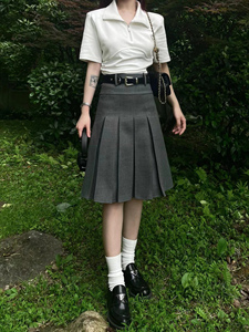 日系灰色百褶裙女秋季学院风两面可穿西装半身裙设计感百搭工装裙