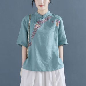 刺绣棉麻衬衫女2023夏季复古短袖衬衣套头立领盘扣中国风茶服上衣