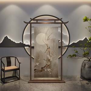 新中式屏风隔断客厅进门玄关简约花鸟会所茶室书房遮挡实木挂帘屏