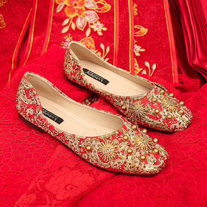 秀禾服婚鞋女中式婚礼鞋结婚新娘鞋红色防滑平底孕妇婚纱鞋秀禾鞋