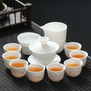 德化羊脂玉瓷套装素烧浮雕龙凤清明上河图千里江山茶具单杯