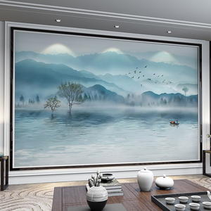 新中式电视背景墙壁纸水墨山水画墙纸意境写意客厅墙布壁画8d家用