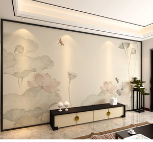 新中式淡雅禅意荷花影视墙布壁纸客厅电视背景墙墙纸意境素雅壁画