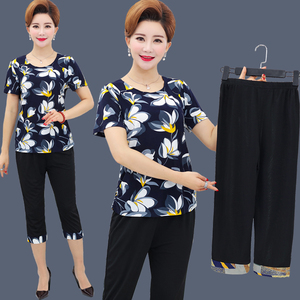 中老年女装夏装短袖t恤上衣服40-50岁2018新款中年人妈妈夏天套装