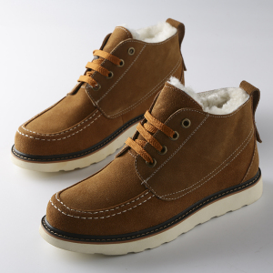 磨砂真牛皮 内里羊皮毛一体 外贸男工厂尾货保暖高帮系带休闲皮鞋