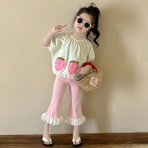 女童粉色套装2024夏季新款儿童草莓短袖两件套宝宝洋气甜美喇叭裤
