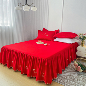红色床裙单件全棉结婚床裙罩大红床单床罩款婚床婚嫁床套三四件套