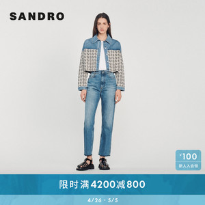 SANDRO经典款女装法式时尚设计印花针织拼接牛仔短外套SFPCA00768