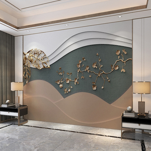 现代简约轻奢客厅电视背景墙壁纸墙布3d立体金色浮雕梅花几何壁画
