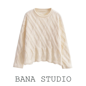 BANA外贸西班牙ZA宽松白色圆领菱格纹理镂空短款套头毛衣女针织衫