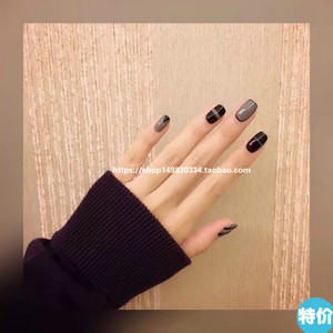 手工定做美甲成品日系光疗手绘甲片灰色系黑色显白日常款手指甲贴