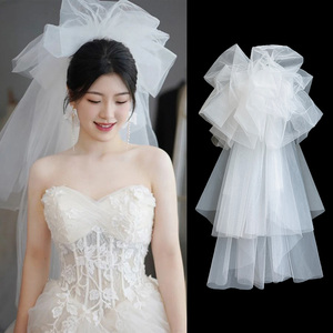 2023新款头纱抓泡云朵蓬蓬头纱韩式新娘摄影造型街拍婚纱跟妆白色
