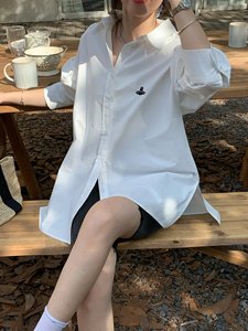 韩版休闲白色刺绣衬衫女春季新款高级感气质开叉上衣棉慵懒风洋气