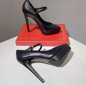 新品12cm恨天高尖头防水台高跟鞋一字带细跟高跟鞋真皮职业女鞋