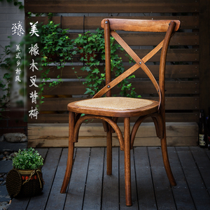 美式乡村实木餐椅复古椅子靠背椅简约背叉椅木头凳藤椅法式橡木椅