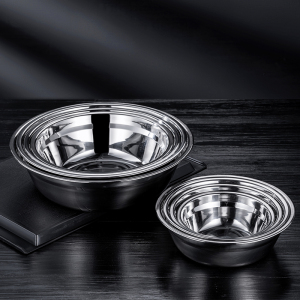 加厚圆形不锈钢盆子幼儿园食堂小铁碗厨房汤碗成人大号铁饭碗套装