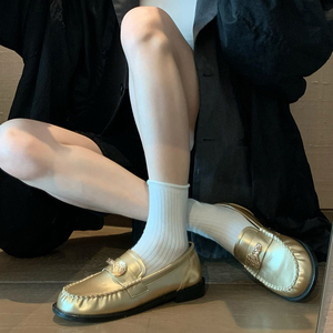 小羊皮！一脚蹬乐福鞋女2024新款高级感金色圆头平底英伦风小皮鞋