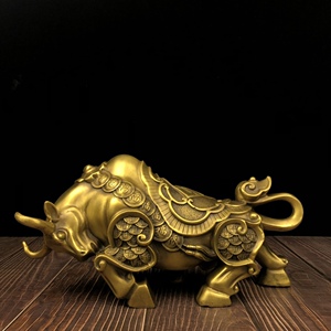 纯铜如意福字牛摆件生肖牛旺财招财镇宅保平安家居办公室摆设用品