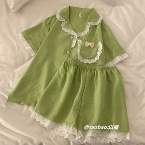 日系ins牛油果绿公主睡衣女夏季短袖薄款梭织纯棉清新家居服套装