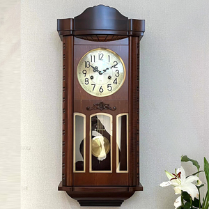 实木客厅机械挂钟整点报时打响发条老式欧式钟表新中式纯铜机芯