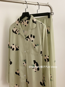 熊猫芥末绿睡衣女春秋季新款开衫可爱卡通少女长袖纯棉家居服套装