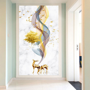 现代简约玄关壁画隐形门壁纸走廊过道竖版麋鹿8d装饰画复式背景墙