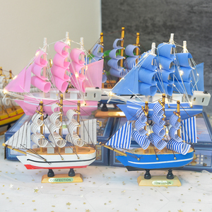 生日蛋糕装饰摆件船模白色蓝色粉色少女心带灯小帆船木头工艺品船