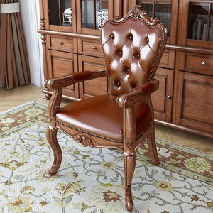 美式全实木餐厅椅子扶手书椅成人家用真皮电脑椅舒适家具轻奢欧式