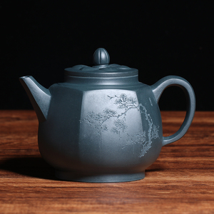 宜兴紫砂壶纯手工名家陈菊华民国绿泥家用功夫茶壶 刻绘六方壶