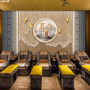 采耳店墙纸养生艾灸美容院吧台前台背景墙装饰壁布新中式山水壁纸