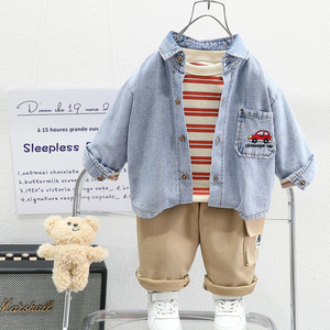 婴儿衣服秋季新款帅气男童套装牛仔衬衫三件套一周岁宝宝秋装外套