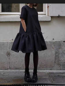 2024新款女装欧根纱减龄裙子小众中长款黑色蓬蓬裙直筒显瘦连衣裙
