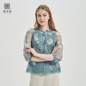 兰丝绘女装旗舰店新款桑蚕丝衬衫女士气质七分袖印花衬衣上衣
