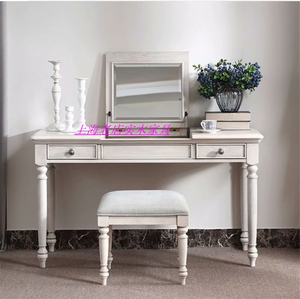 美式实木梳妆台梳妆凳组合卧室白色做旧带镜翻盖梳妆桌储物化妆桌