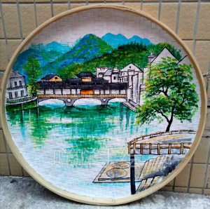 手绘圆簸箕挂画创意田园江南风景小桥流水高山装饰墙面复古挂件画