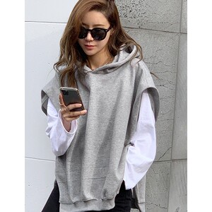 韩国代购naning9官网女装直邮 秋冬宽松加绒开叉套头连帽卫衣马甲