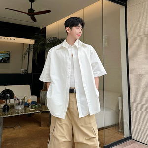 夏季小众马甲假两件拼接设计感短袖衬衫男韩版休闲廓形薄衬衣外套