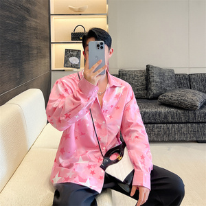 韩国ins网红炸街星星印花粉色衬衫男女长袖设计感时尚洋气衬衣潮