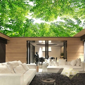 客厅卧室大型天顶3d壁纸吊顶天花板壁画画房顶棚绿色风景树枝墙纸