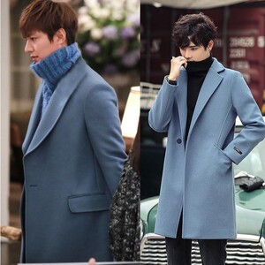 李敏镐金叹继承者们同款蓝色西装领羊毛呢中长款休闲大衣外套潮男