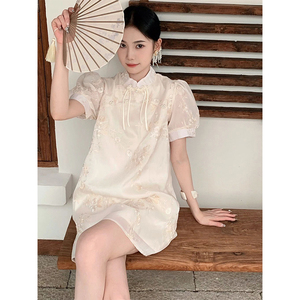 新中式刺绣花朵旗袍系带连衣裙女高级感宽松显瘦小个子穿搭短裙子