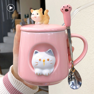 猫咪马克杯女生可爱少女陶瓷杯子带盖精品咖啡杯高颜值女高档精致