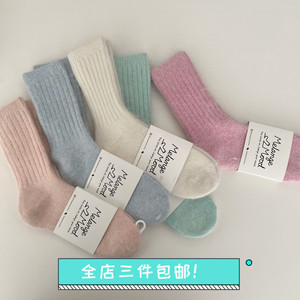 羊毛袜子女安哥拉兔毛袜韩国代购冬季加厚中筒袜奶油色系堆堆袜