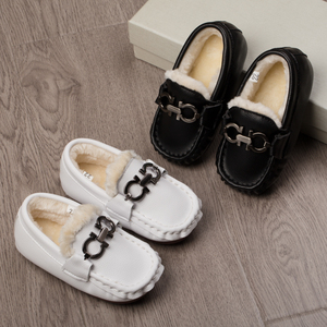 婴幼儿小童鞋黑色真皮女童豆豆鞋1-3-5岁儿童加绒皮鞋男童宝宝鞋