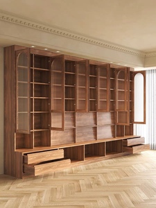 黑胡桃木满墙组合全实木书柜定制原木收纳柜落地玻璃门樱桃木书架