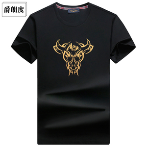 爵朗度牛年国潮短袖t恤男纯棉圆领牛头图案印花半袖宽松大码体恤